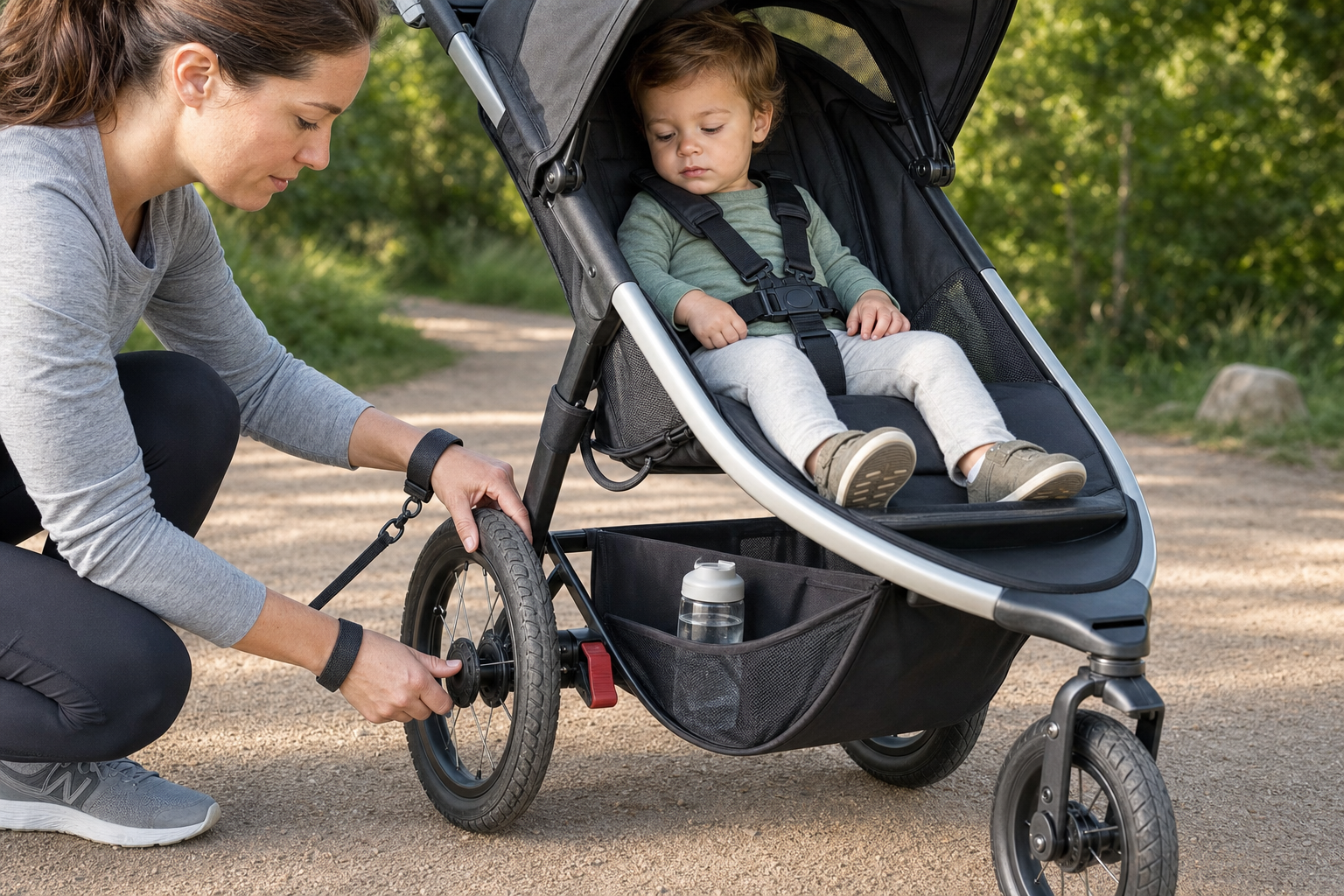 A caregiver checks a jogging stroller's tire, harness, front wheel, tether, brake, and water before a run.