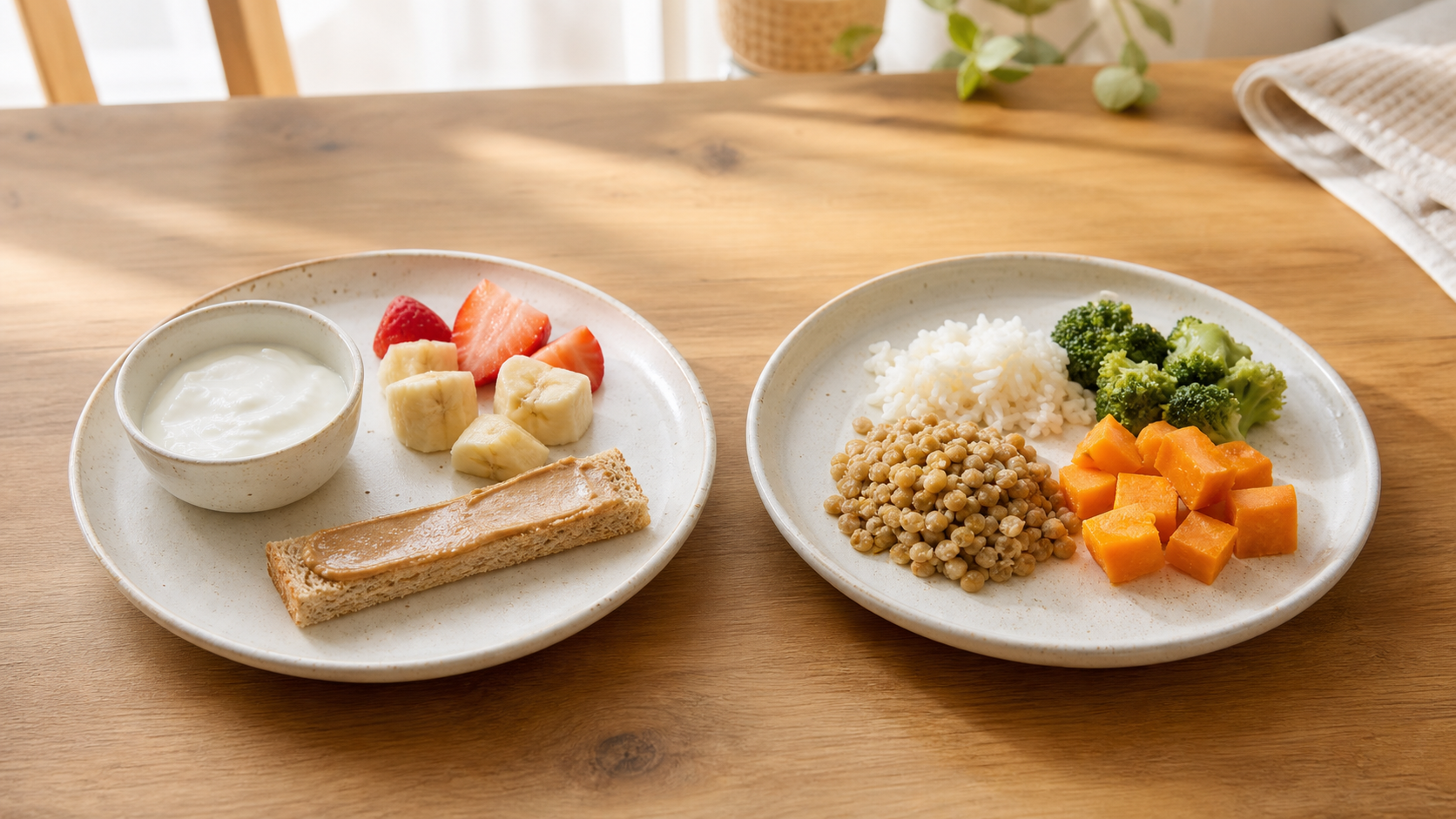 Two toddler-sized meals show yogurt and toast for breakfast and soft lentils with rice and vegetables for supper.