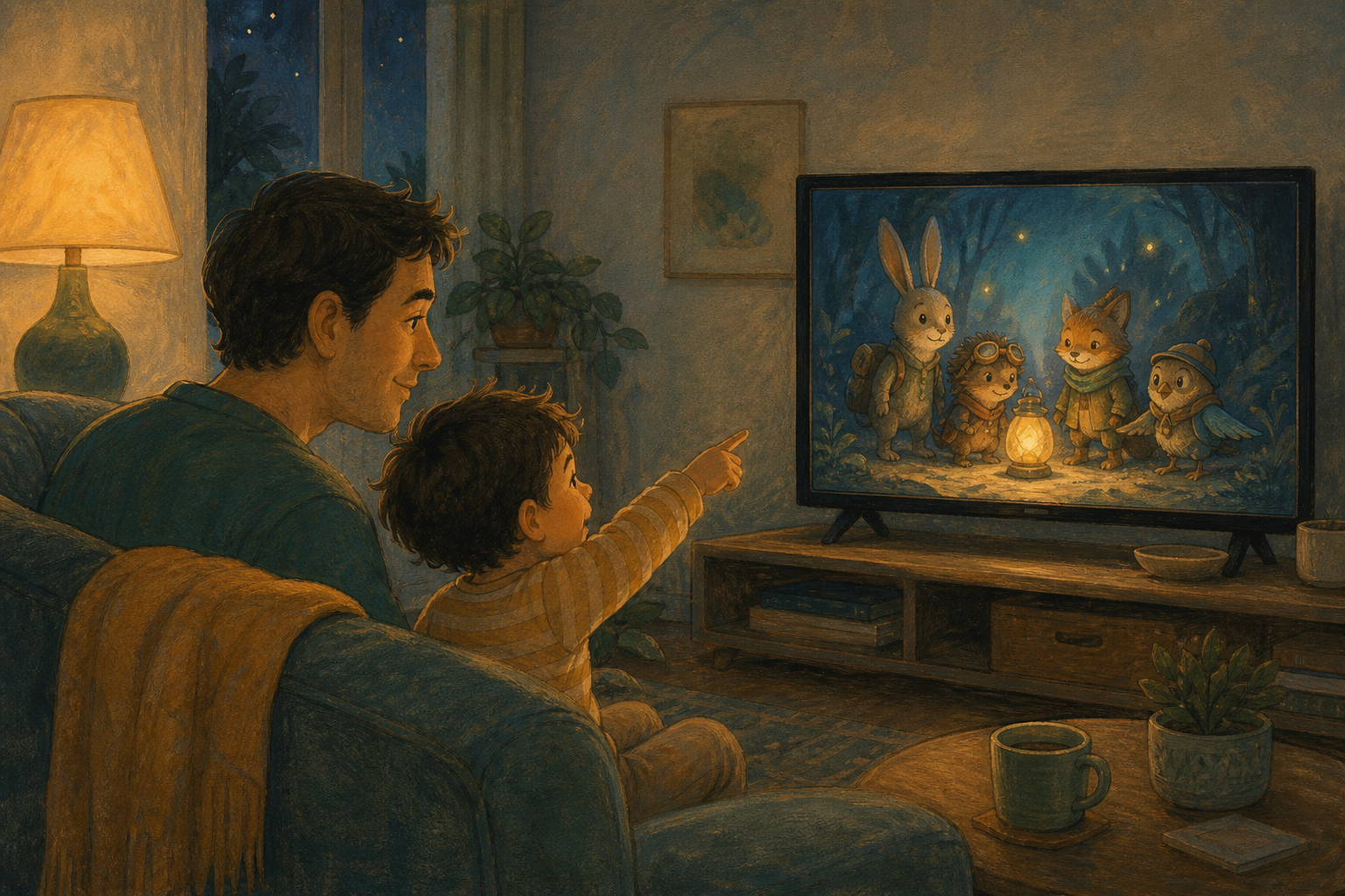 A parent and child point toward one detail in an original animated animal scene on a television.