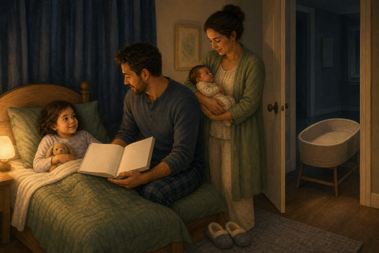 A parent reads a wordless picture book to an older child at bedtime while another caregiver holds the newborn nearby.