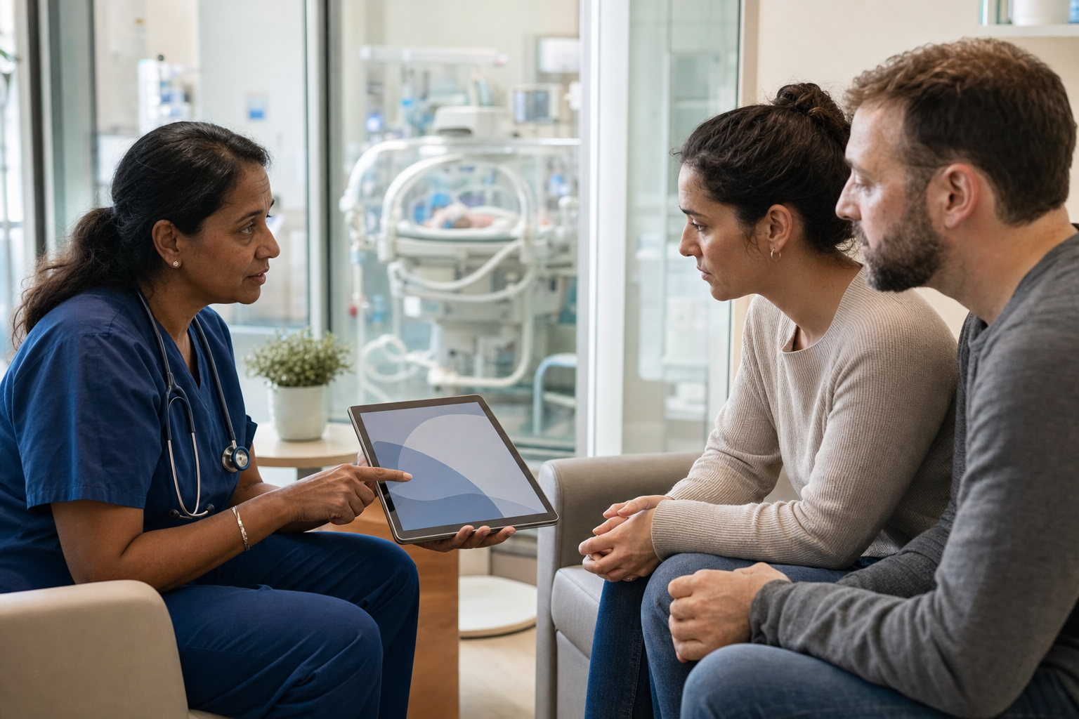 A neonatologist speaks with two parents in a NICU consultation area, with an incubator visible in the background.