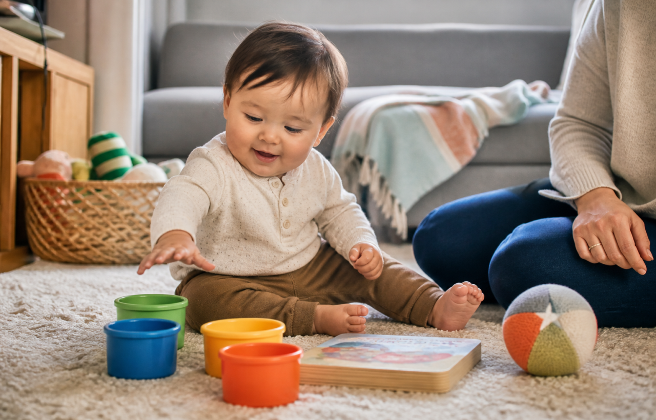 A one-year-old boy plays with large nesting cups on a living room rug beside a board book and soft ball while a caregiver supervises nearby.