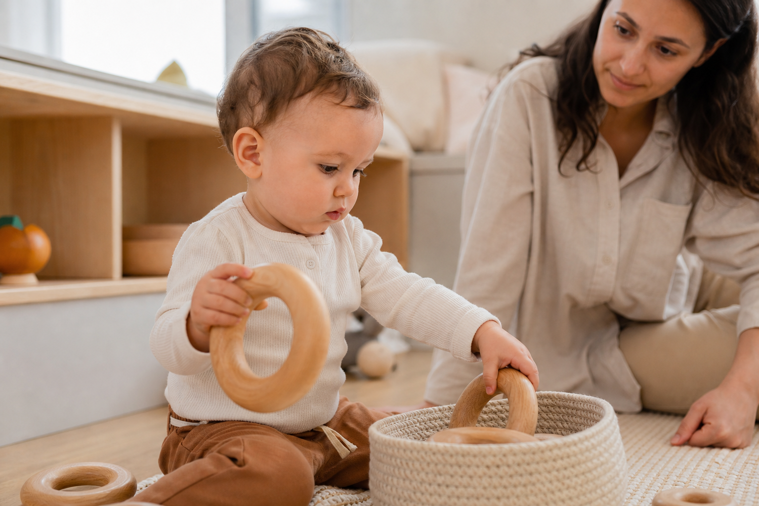 A one-year-old child concentrates on moving large wooden rings in and out of a low basket while a caregiver observes.