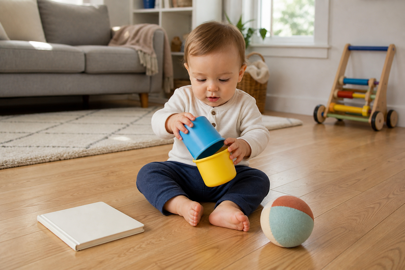 A one-year-old child nests large cups on a rug, with a soft ball, board book, and stable push toy nearby.