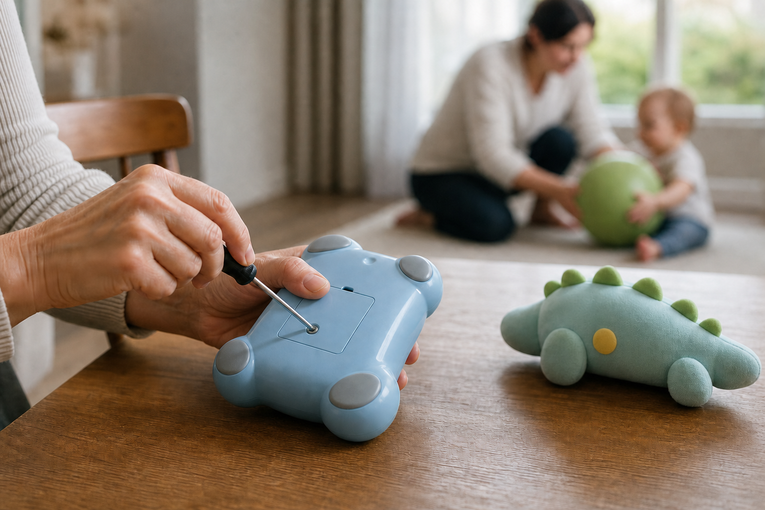 A caregiver tightens the secured battery compartment of a toddler toy at a table while a supervised child plays in the background.