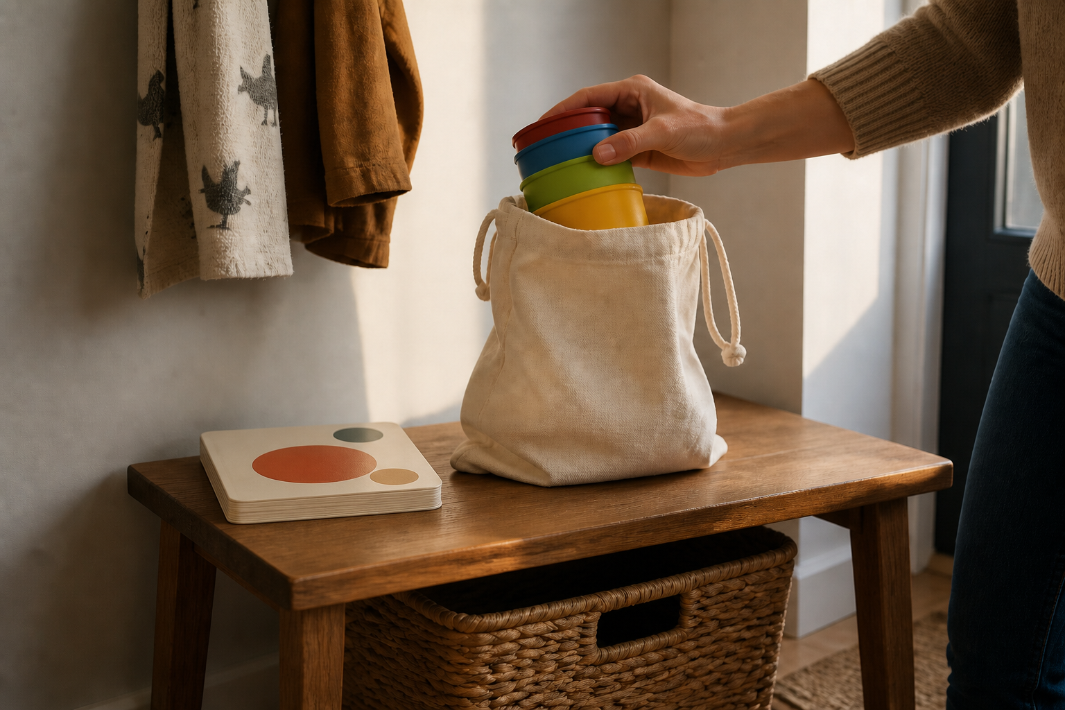 An adult places a compact set of large nesting cups into a reusable gift bag beside a board book and small storage basket.