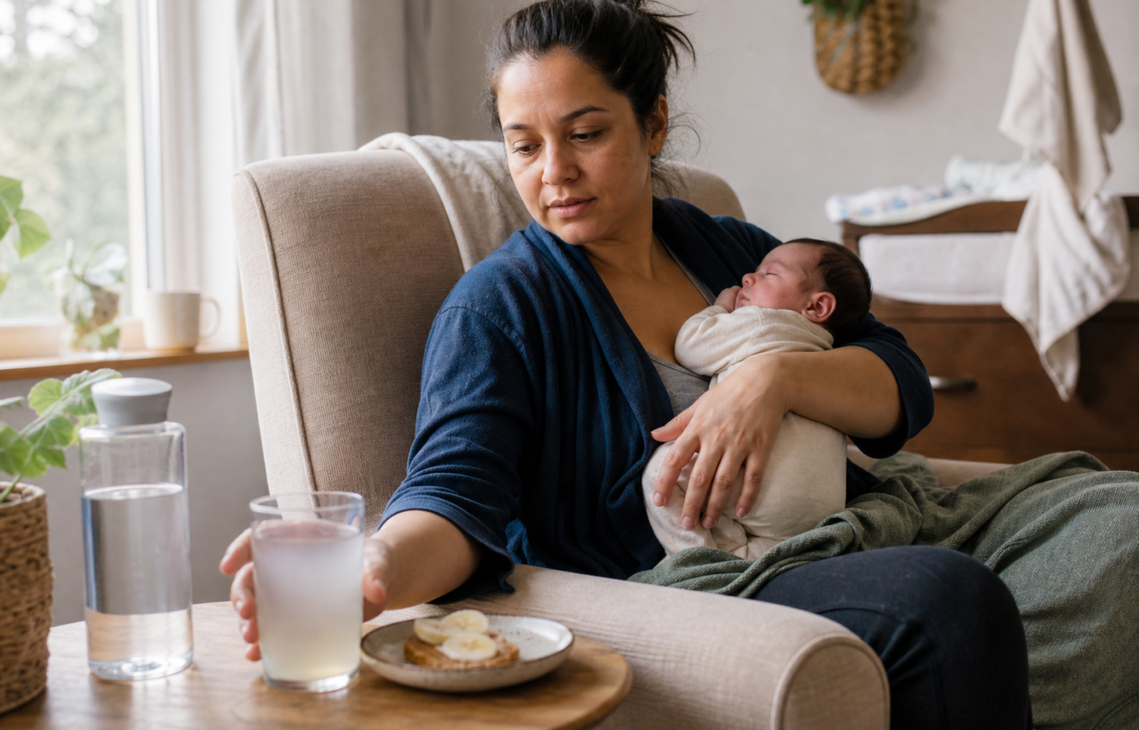 A postpartum parent holds a sleeping newborn and reaches for a glass of coconut water beside a reusable water bottle and snack.