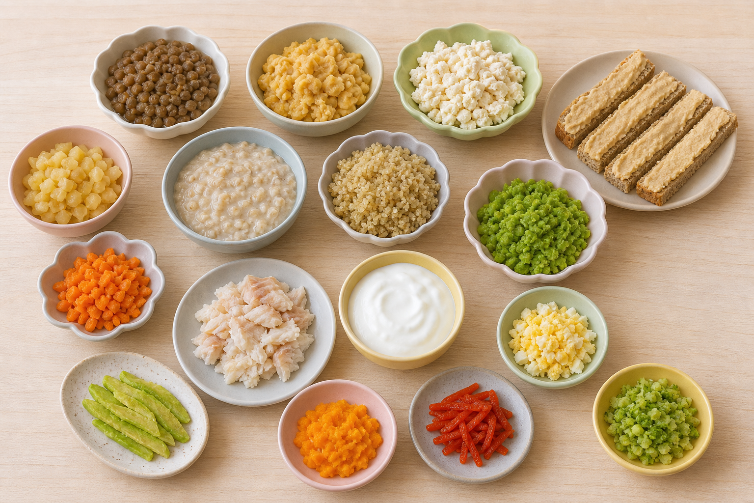 Small bowls and plates hold lentils, chickpeas, tofu, hummus toast, oatmeal, quinoa, peas, fish, yogurt, and egg.