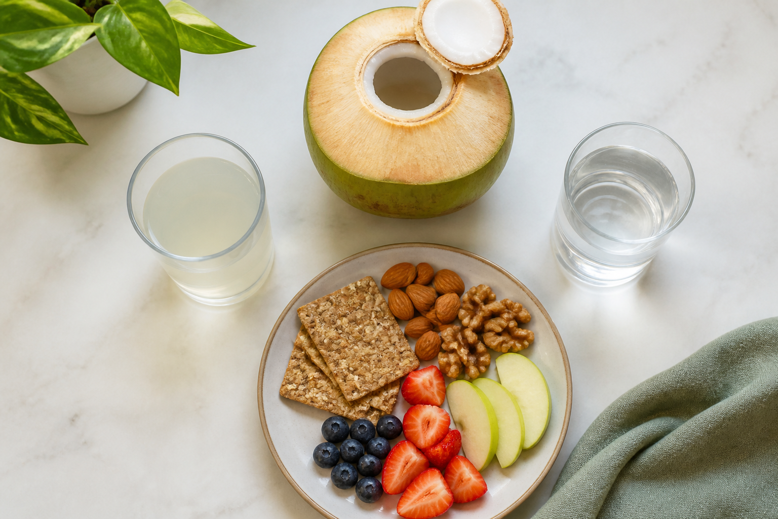 Glasses of coconut water and plain water sit beside an opened young coconut and a plate of fruit, crackers, and nuts.
