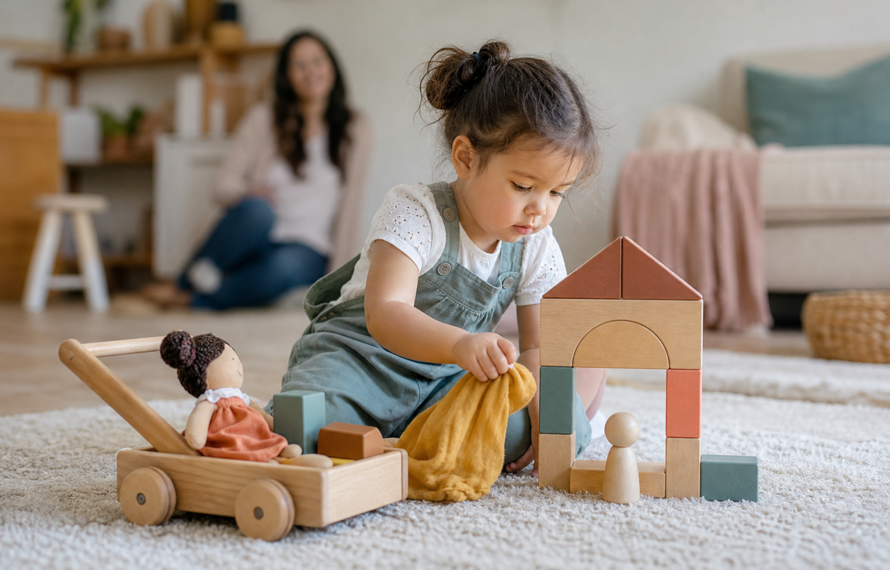 A 2-year-old plays on a rug with a wooden push cart, cloth doll, large blocks and a fabric scarf in a sunlit family room.