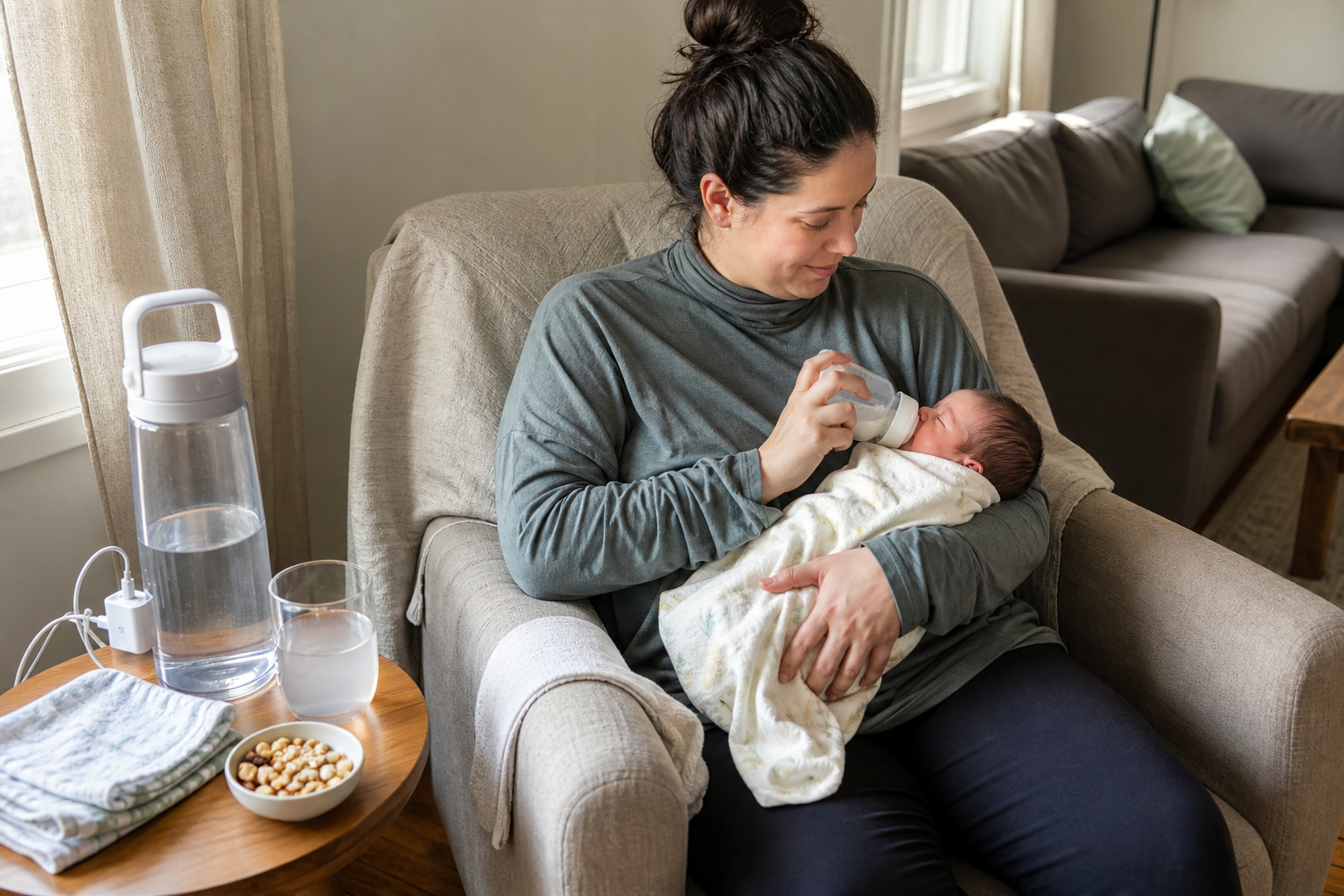 A postpartum parent feeds a newborn beside a chair-side hydration station with water, coconut water, snacks, and baby supplies.