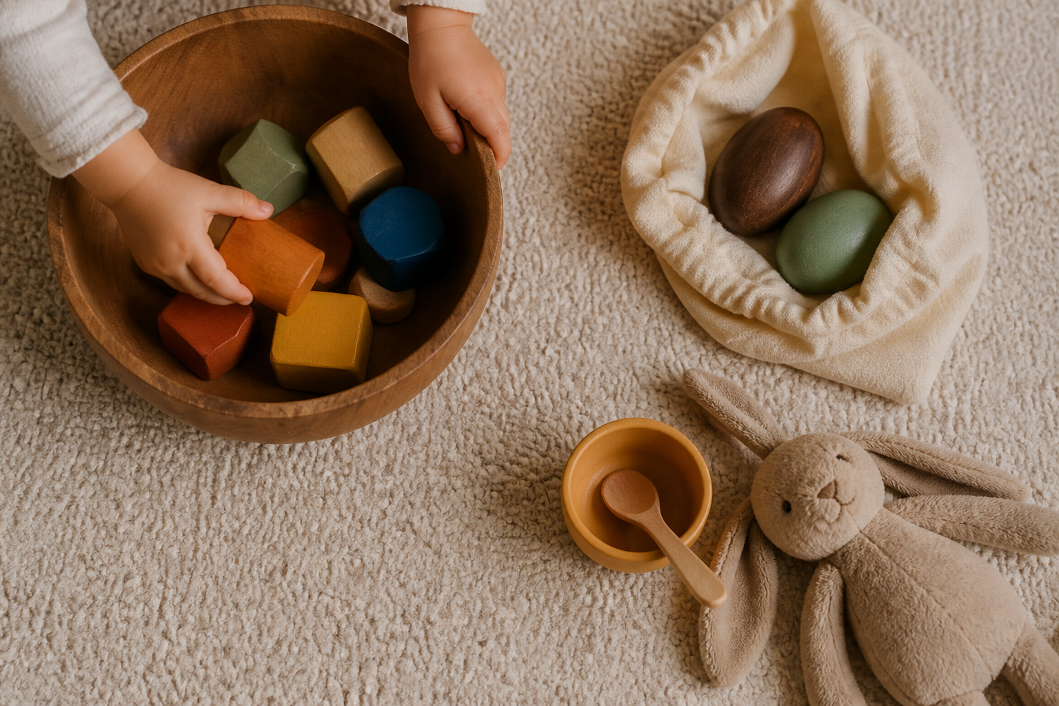 A toddler's hands sort large blocks into a bowl beside a cloth carrying bag and a soft toy with a play cup and spoon.
