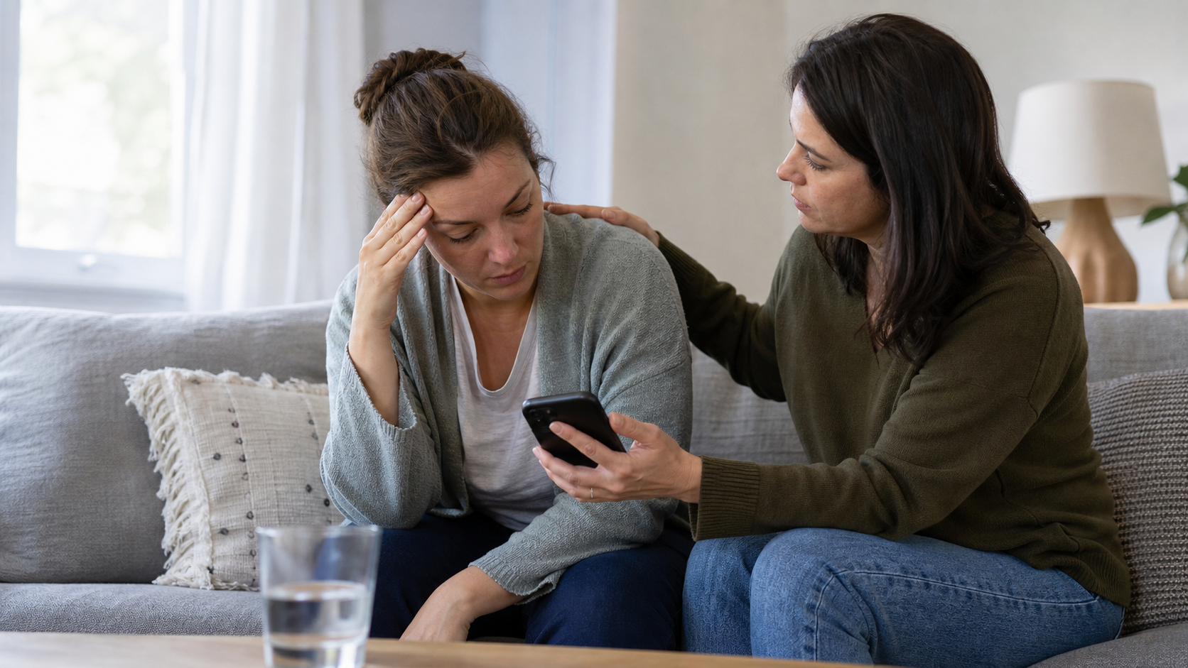 A fatigued postpartum parent sits on a sofa while a support person offers reassurance and prepares to call for healthcare advice.