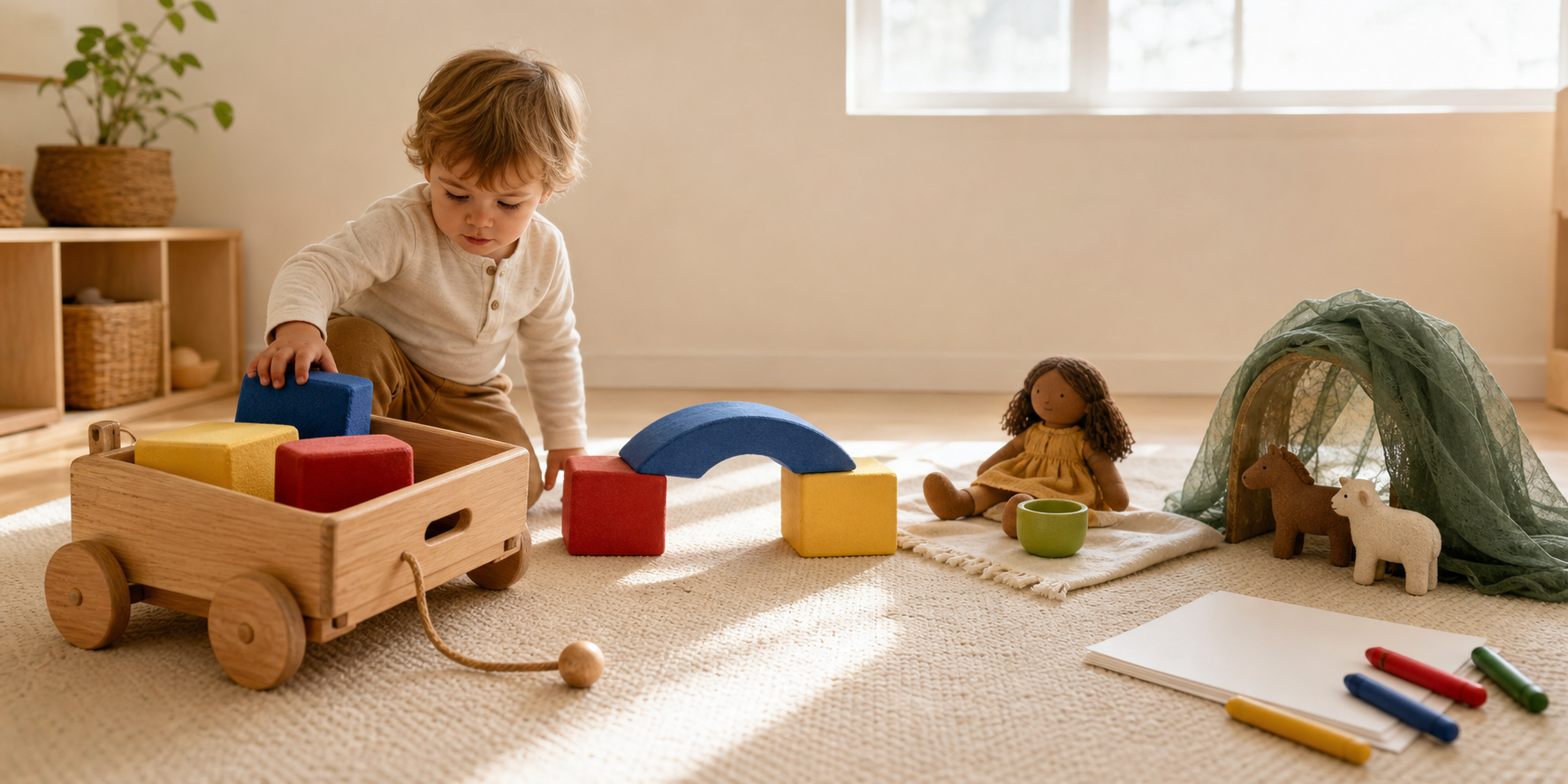 A 2-year-old creates a play scene with a wooden cart, cloth doll, large blocks, animal figures, a fabric tunnel and crayons.