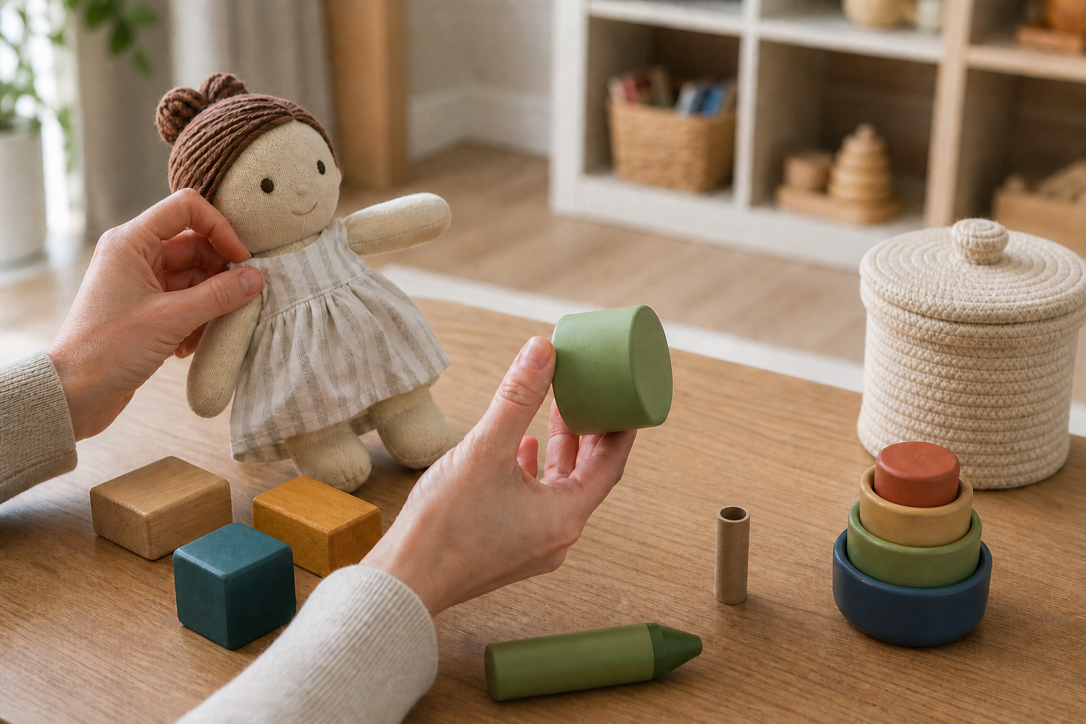 An adult inspects large toddler toys beside a cardboard small-parts screening tube, a storage basket and a low shelf.