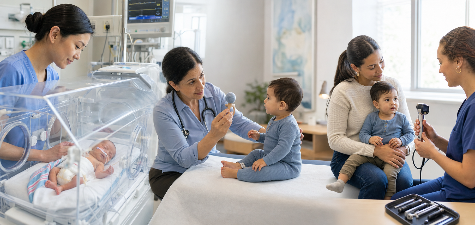 A three-part scene shows premature infant care in the NICU, a later developmental check, and preparation for follow-up screening.