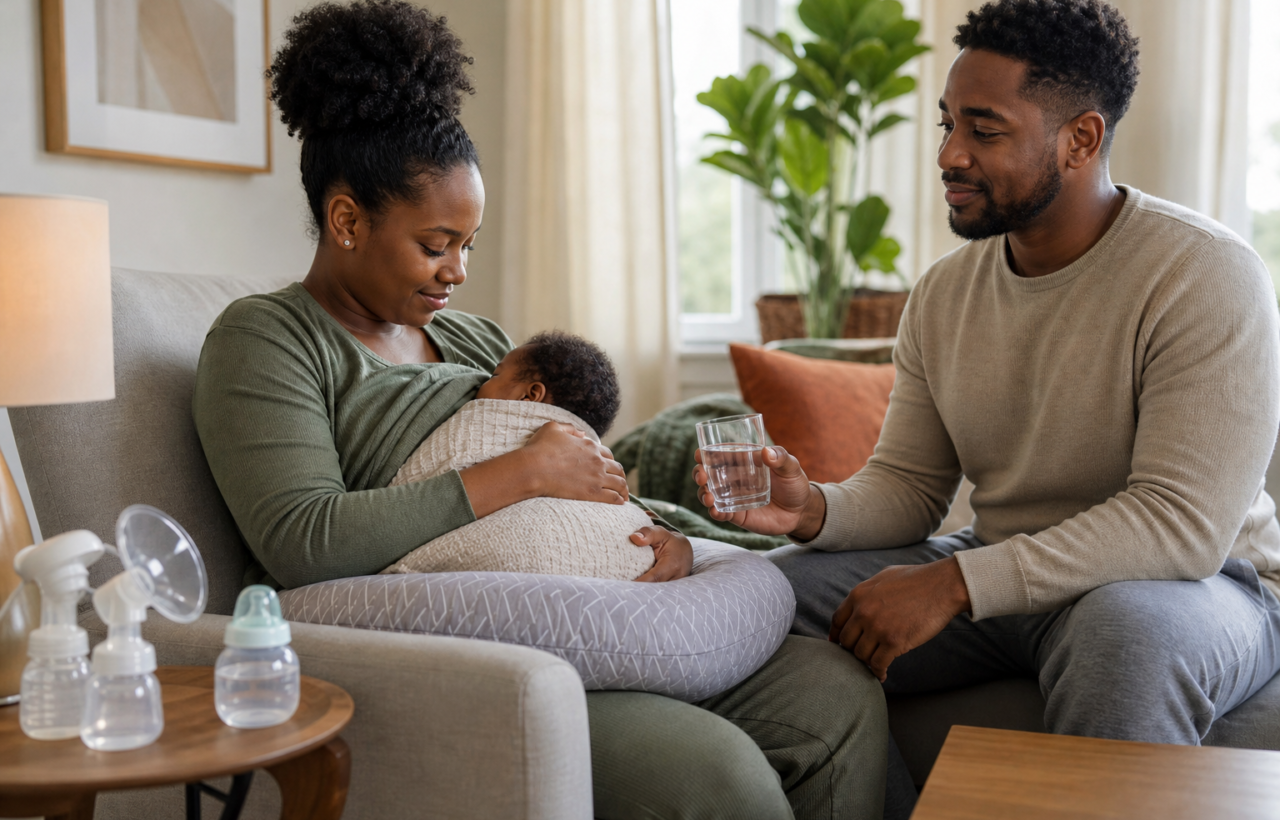A Black mother breastfeeds her infant in an armchair while her partner offers water, with pumping supplies on a nearby table.