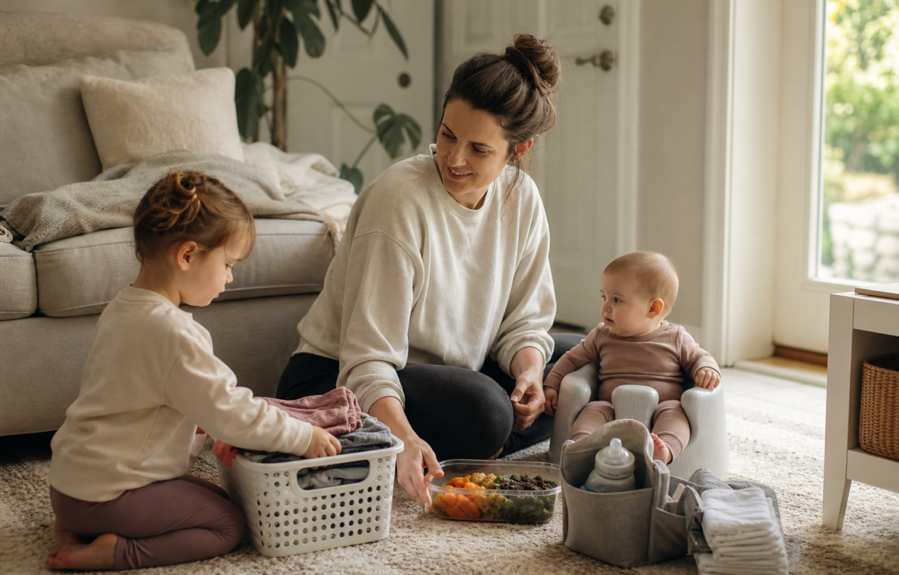 A mother sits with her baby and toddler beside a prepared meal, a supply caddy, and folded children's laundry in a lived-in family room.
