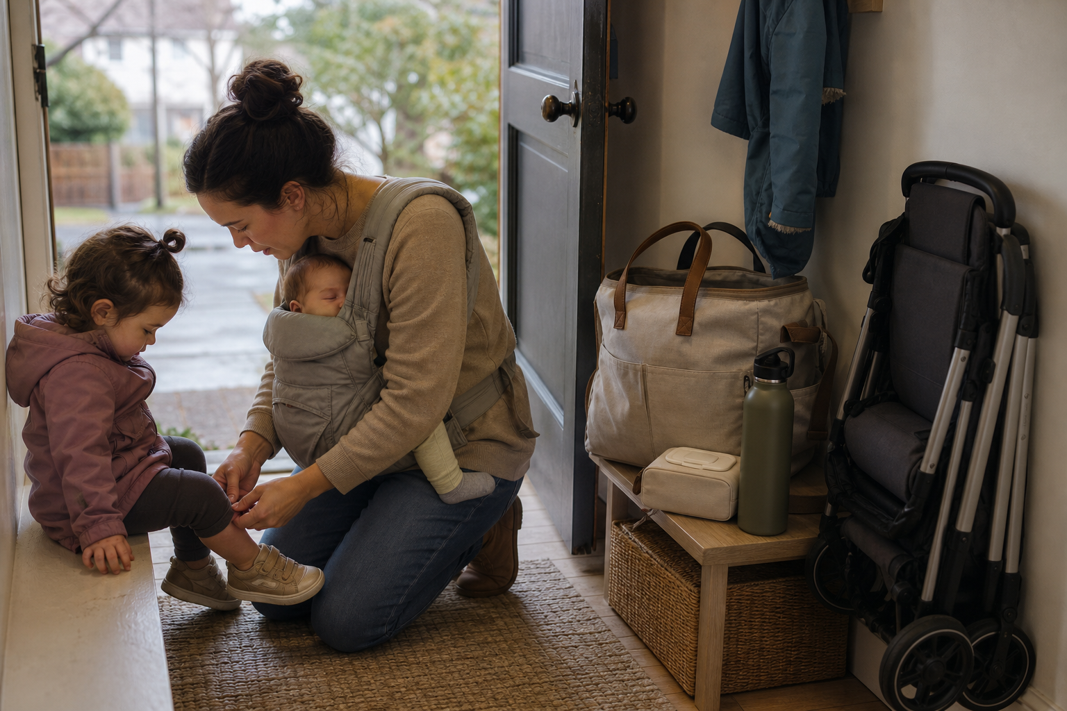 A mother fastens her toddler's shoe in an entryway while carrying a baby beside a packed diaper bag and ready stroller.