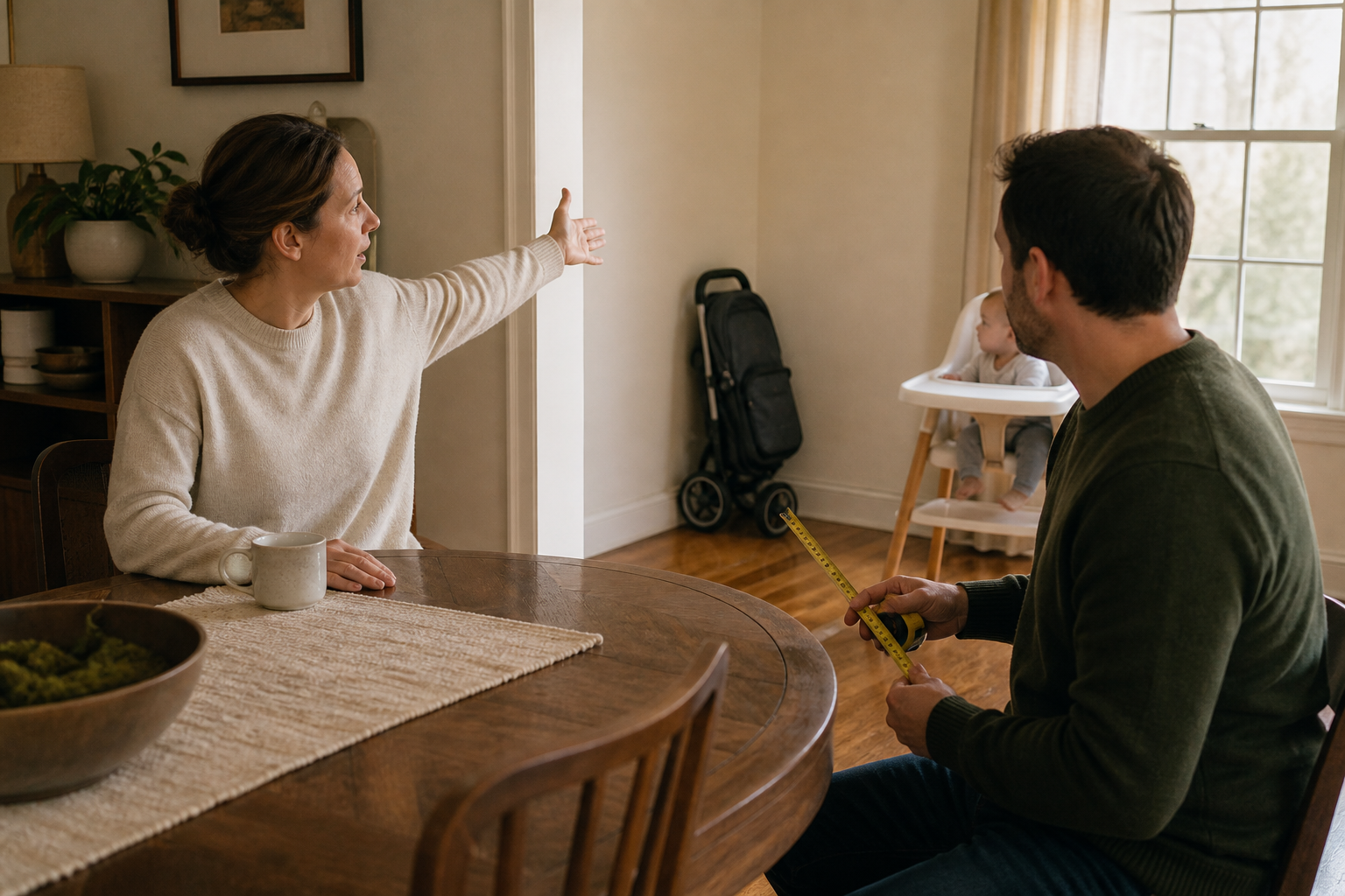 Two adults discuss space at a dining table while one measures an open corner near a folded stroller and high chair.
