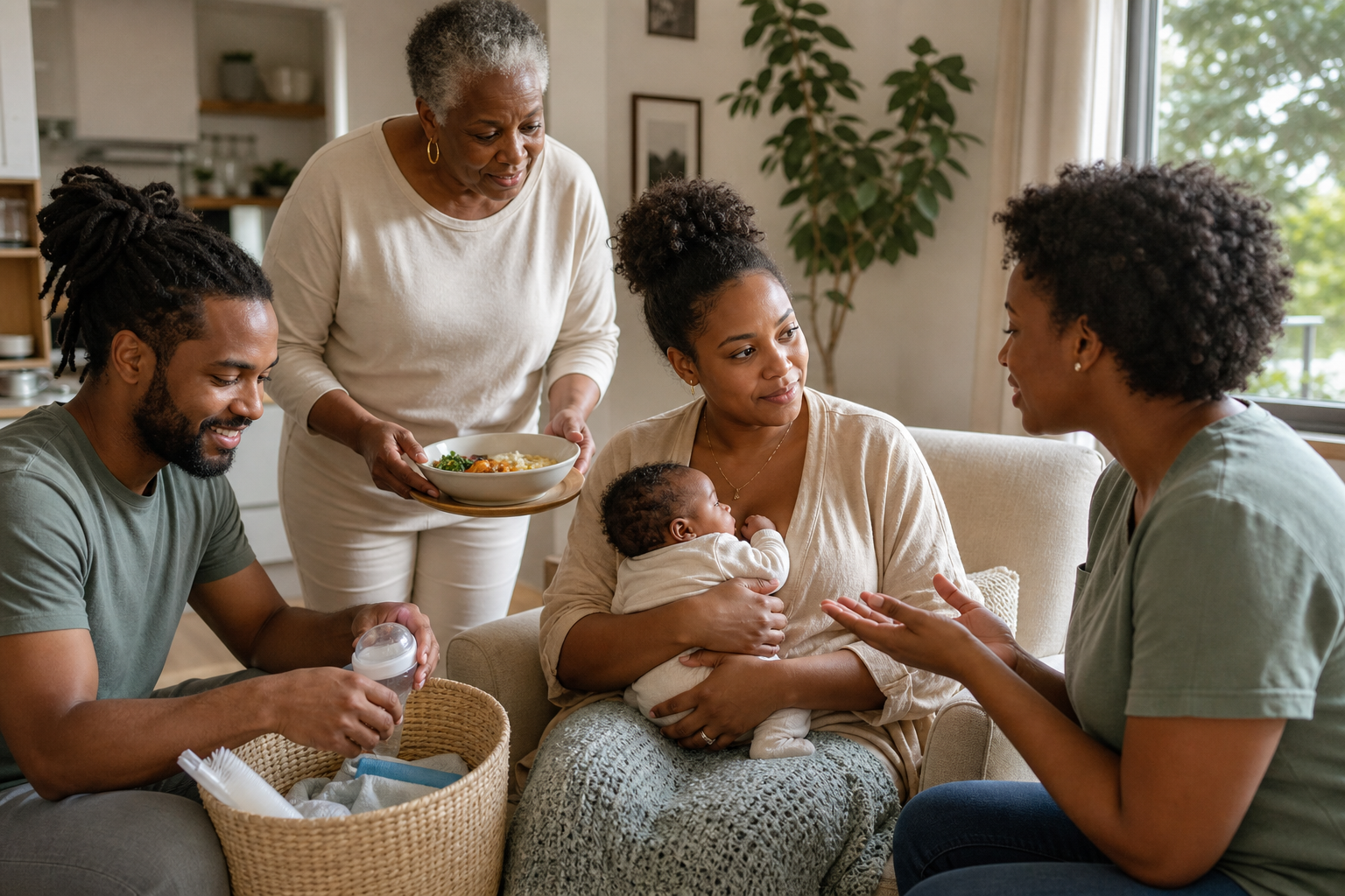 A Black mother and baby receive feeding guidance, a meal, and help with supplies from three members of their support circle.