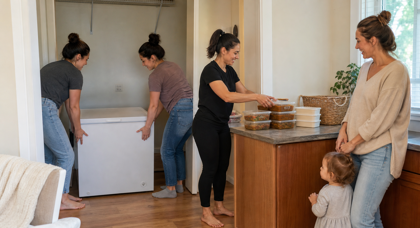 Friends deliver and set up a compact freezer with prepared meals while a mother and toddler watch nearby.