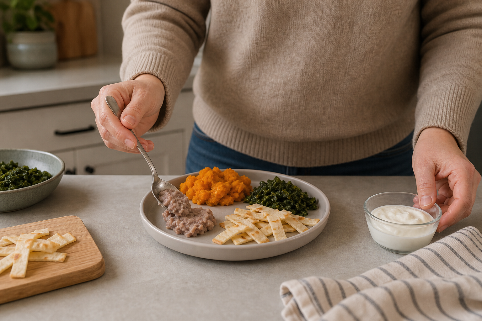 A caregiver assembles a toddler plate with mashed beans, sweet potato, cooked greens, and soft tortilla strips.