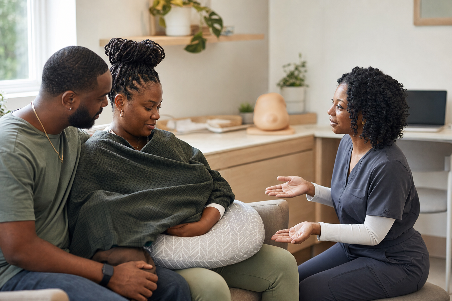 A Black lactation consultant talks at eye level with a Black parent who is breastfeeding, while a partner sits nearby.