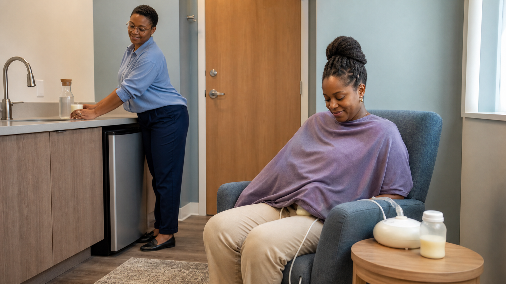 A Black parent pumps in a private workplace lactation room equipped with a chair, sink, outlet, counter, and small refrigerator.