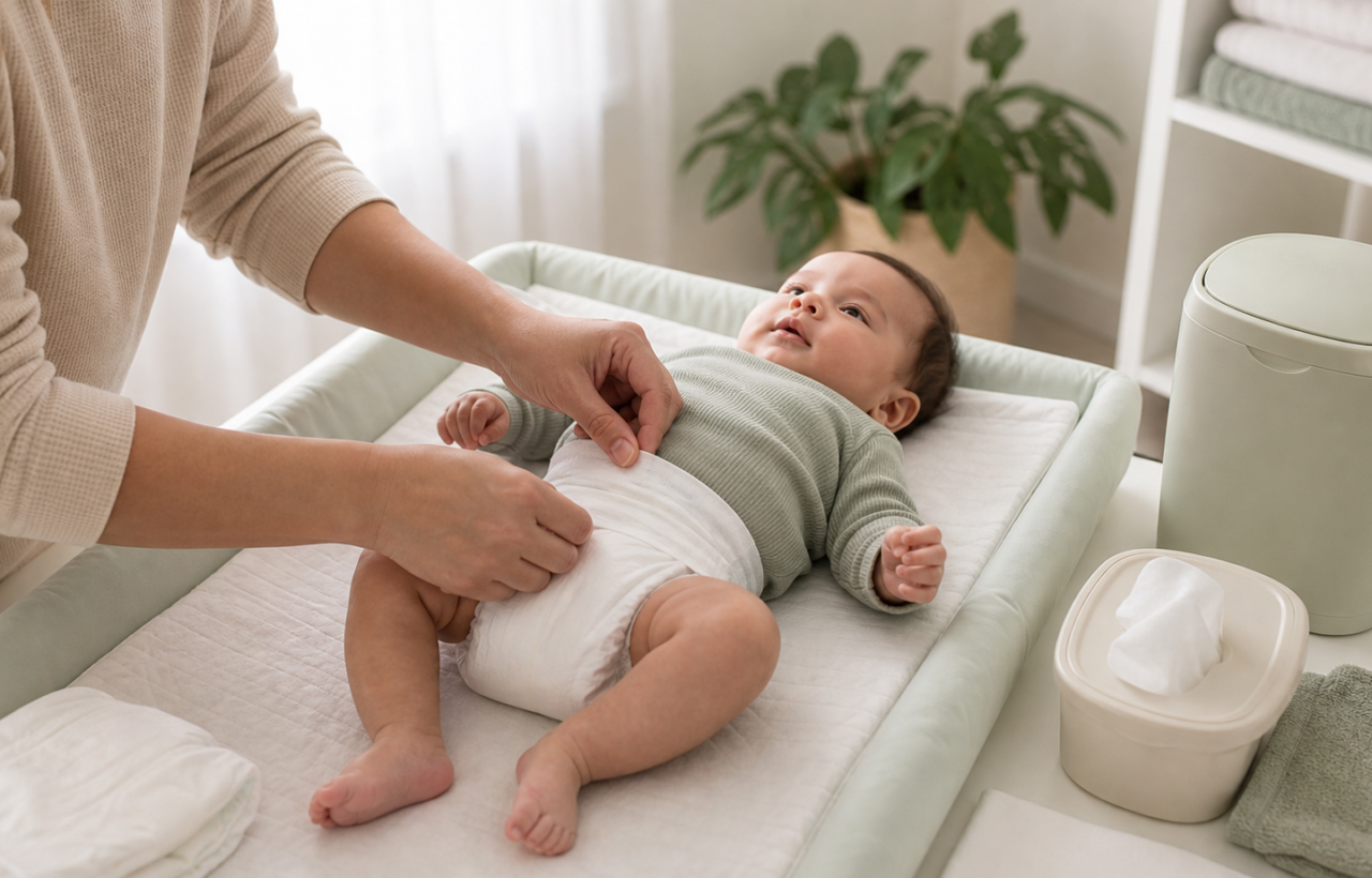 A parent safely fastens a plain diaper on a baby at an organized nursery changing station.