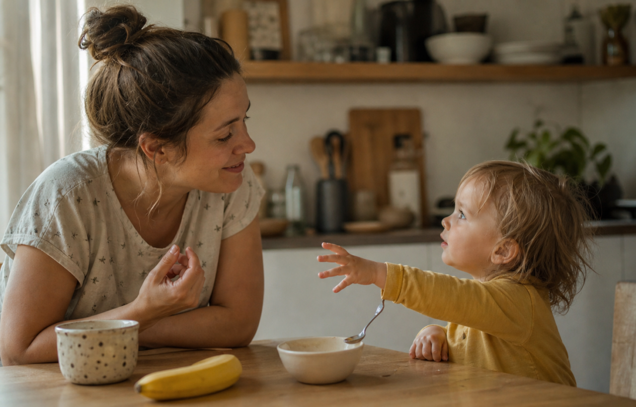 A parent and toddler exchange looks and gestures while sharing a snack at a kitchen table.