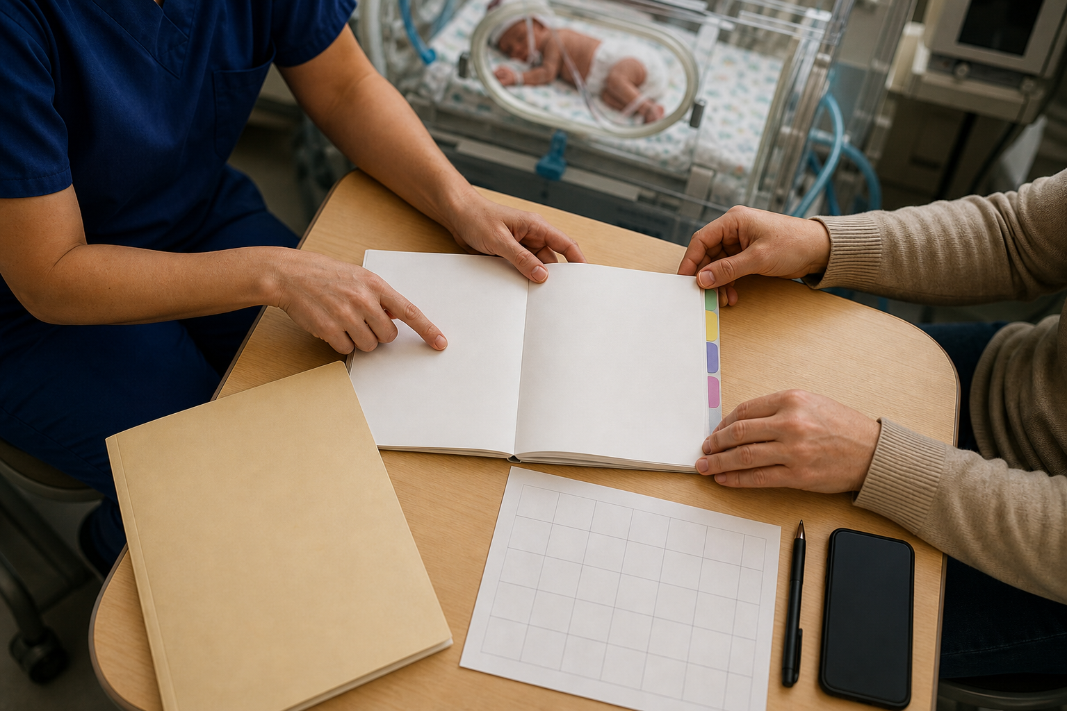 A parent and NICU nurse organize a blank notebook, folder, calendar, and phone beside a premature baby's incubator.