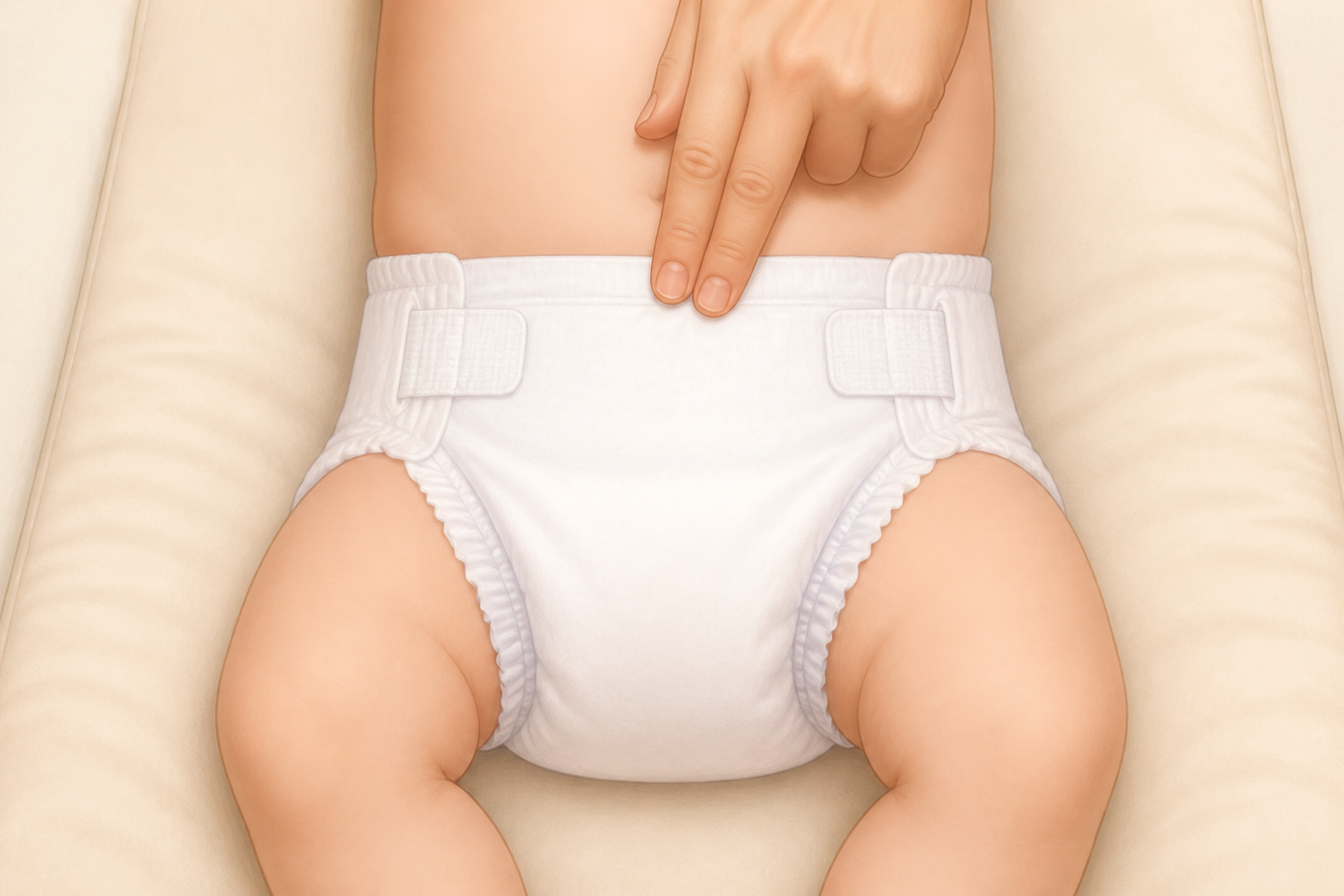 A centered diaper with even tabs, a gently checked waistband, and leg ruffles pulled outward around a baby's thighs.