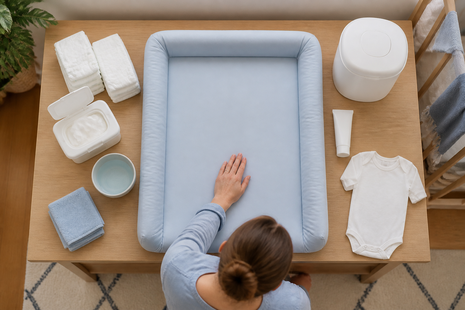 A changing mat with diapers, wipes, washcloths, cream, spare clothing, and a closed bin arranged within reach.