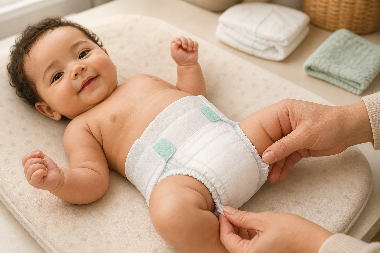 A caregiver pulls out a diaper leg cuff and checks that the waistband and fastening tabs are even.