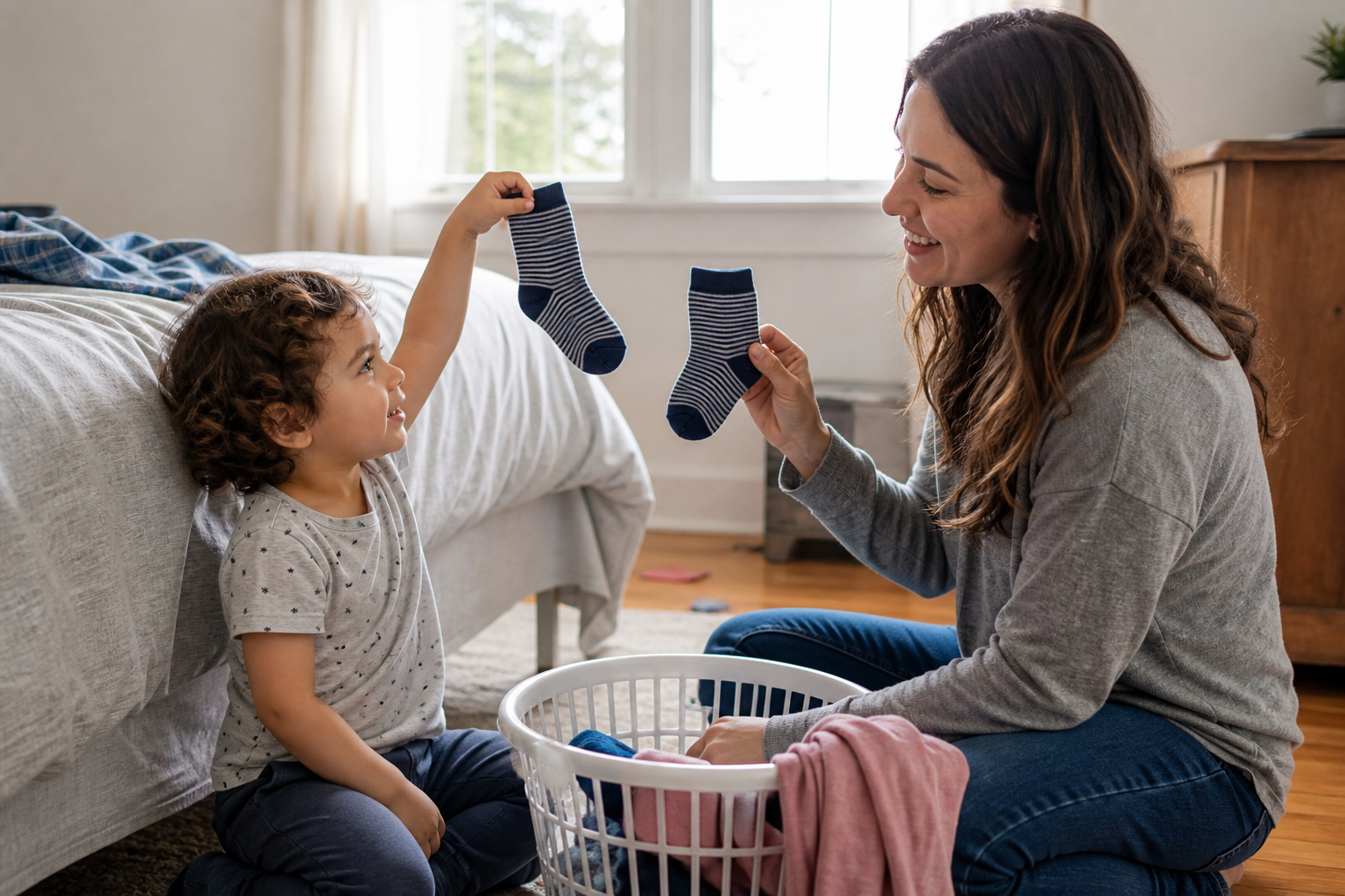 A young child holds up a sock while a caregiver responds during a bedroom dressing routine.