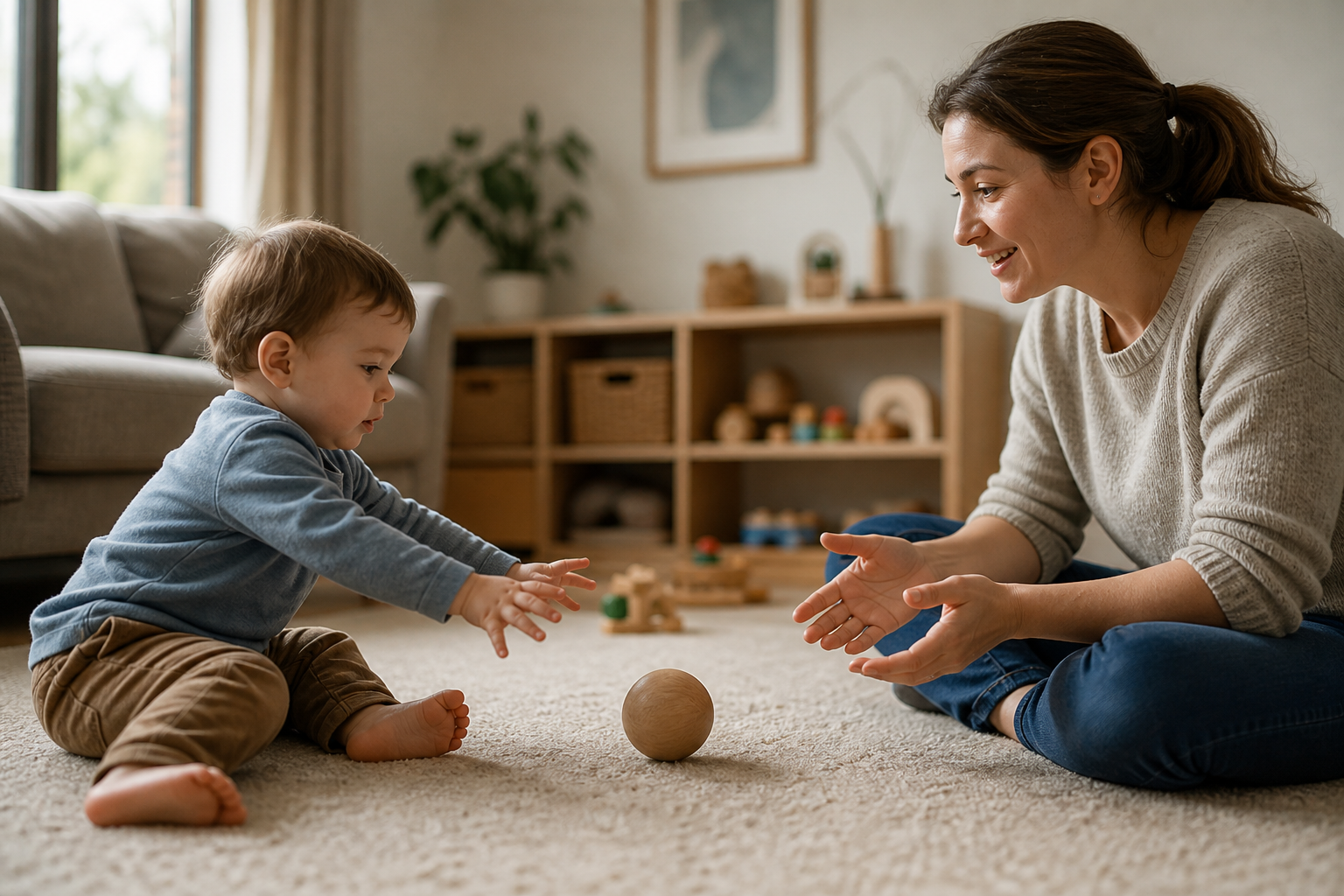 A caregiver and toddler take turns rolling a wooden ball across a living-room rug.