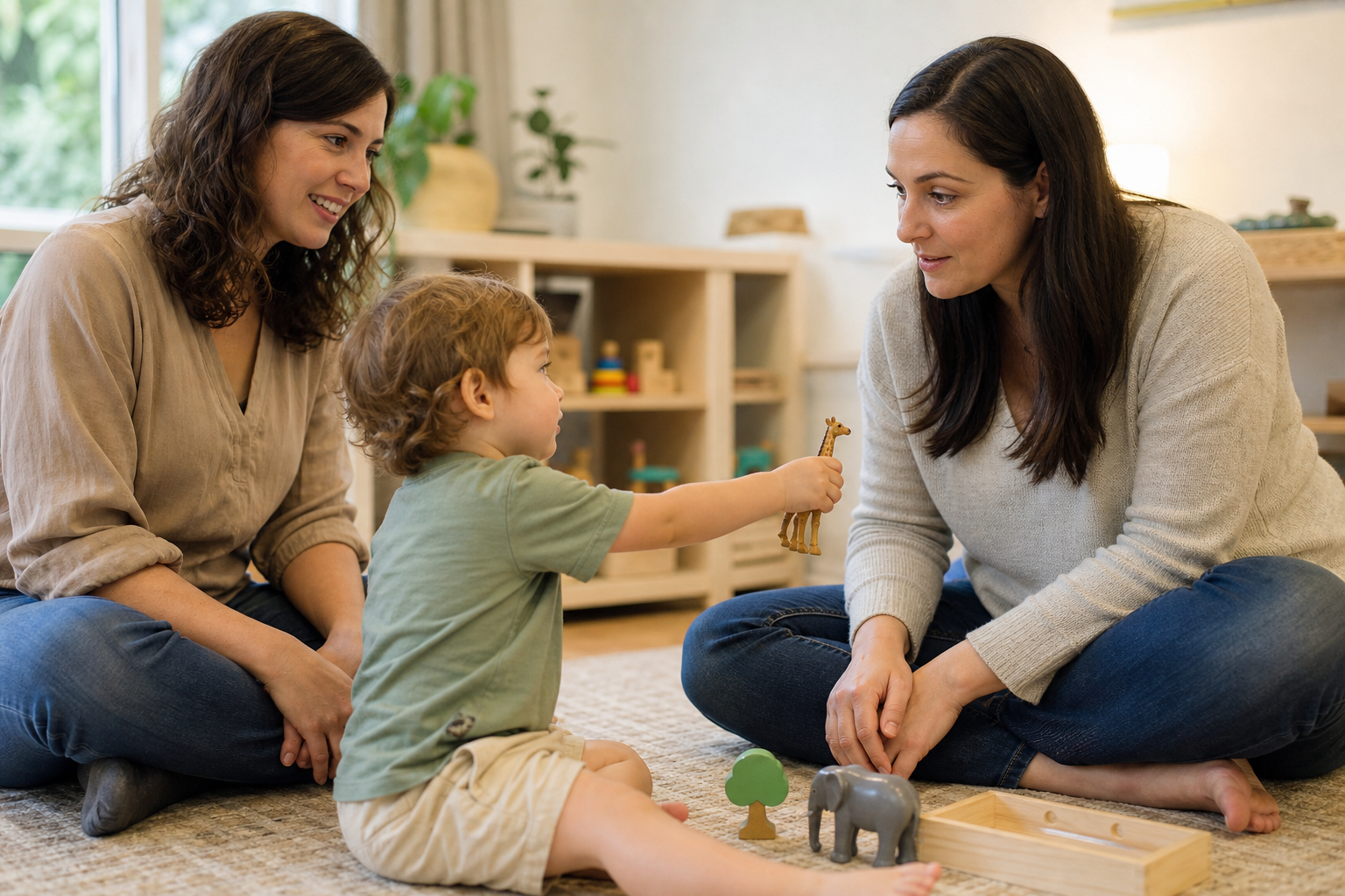 A speech-language professional observes a toddler and caregiver interacting with a toy in a child-friendly room.
