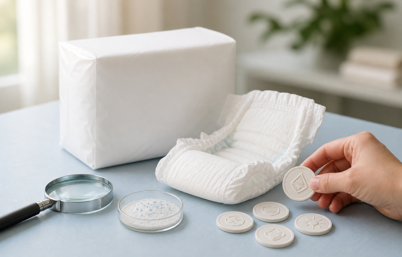 An unbranded diaper package, unfolded diaper, magnifying glass, laboratory dish and generic certification medallions arranged on a pale blue surface.