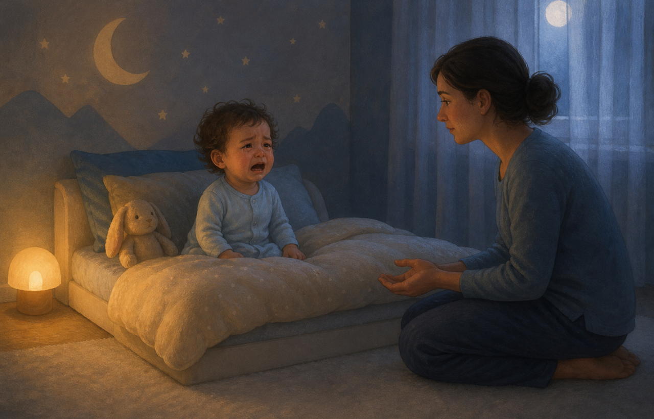 A caregiver stays calmly beside a crying toddler who is sitting upright in bed with an unfocused gaze at night.
