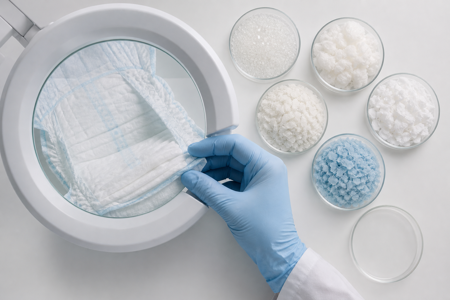 A gloved hand examines the layered edge of a diaper through a large inspection lens beside several laboratory sample dishes.