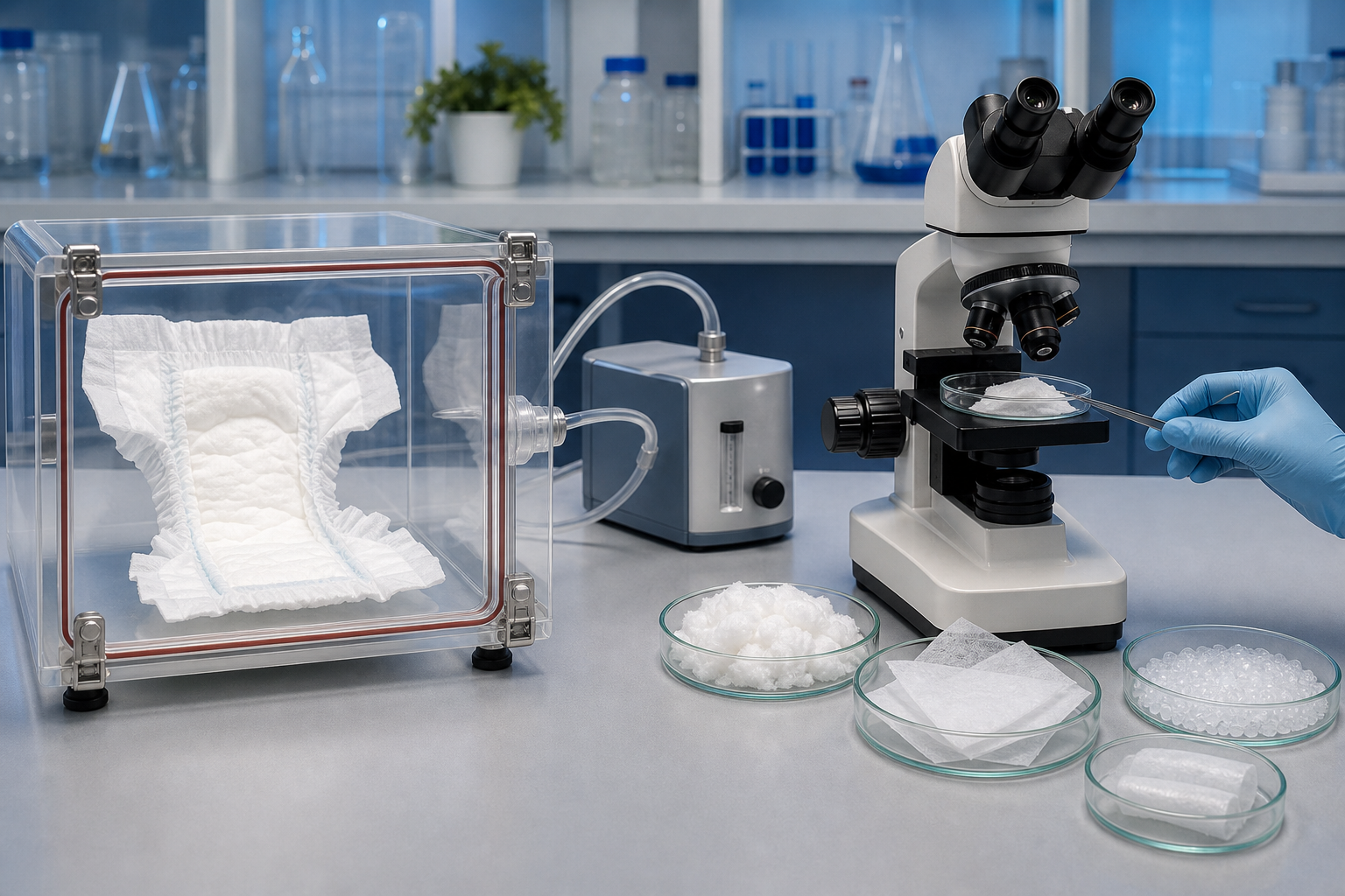 Two diaper samples undergo different laboratory checks, one in a clear air-testing chamber and the other beneath a microscope.