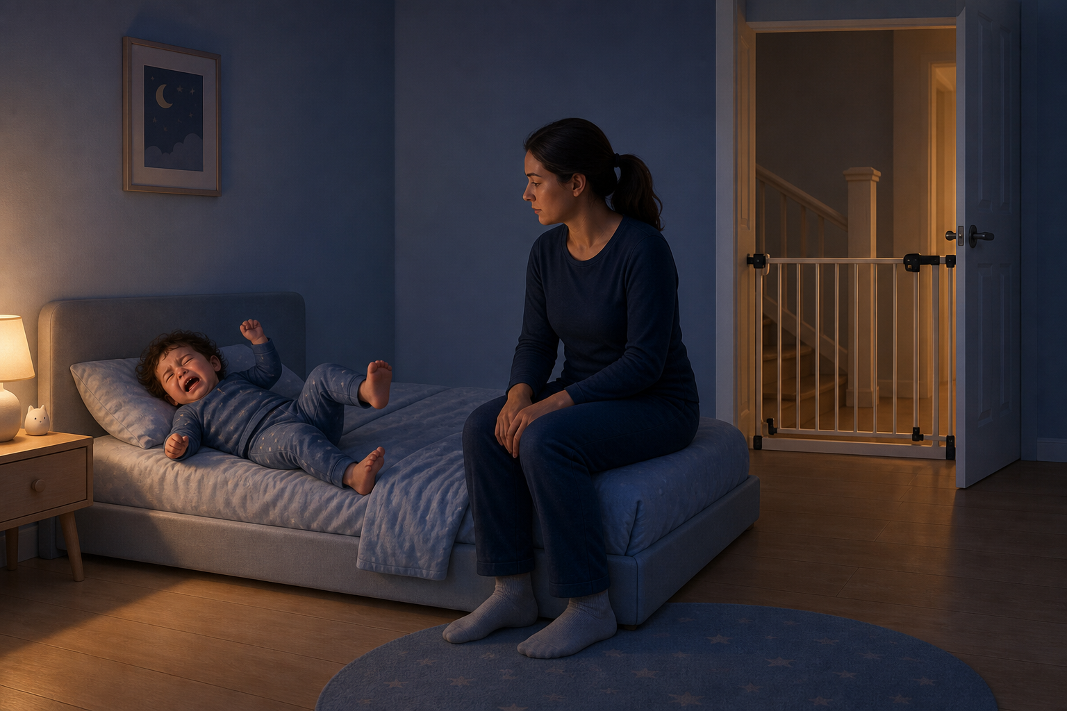 A caregiver watches from within reach as a crying toddler has a night terror in a safely cleared bedroom.