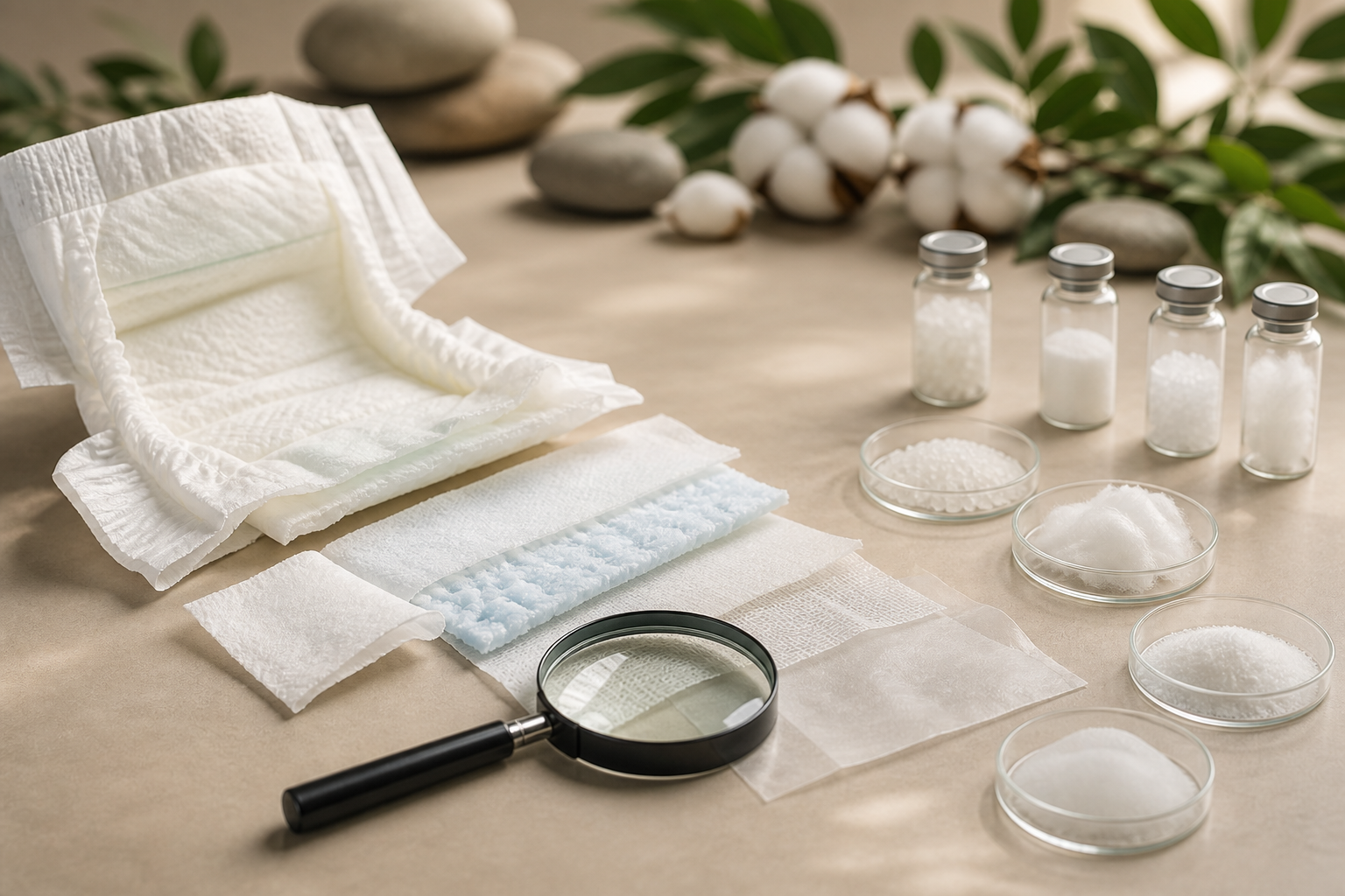 Separated diaper layers and material samples are arranged under a magnifying glass, with decorative leaves and soft natural objects blurred behind them.