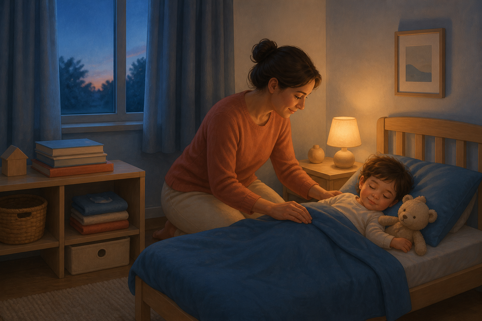 A caregiver tucks a calm, sleepy toddler into bed during a quiet early-evening routine.