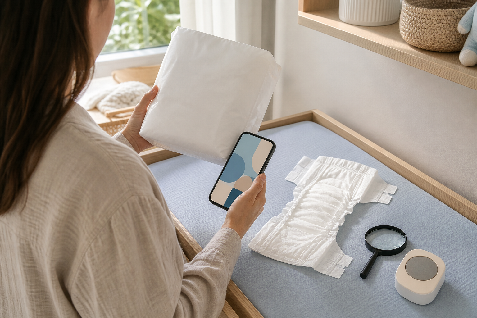 A parent compares an unbranded diaper package with information on a smartphone beside an open diaper, magnifying glass and timer.