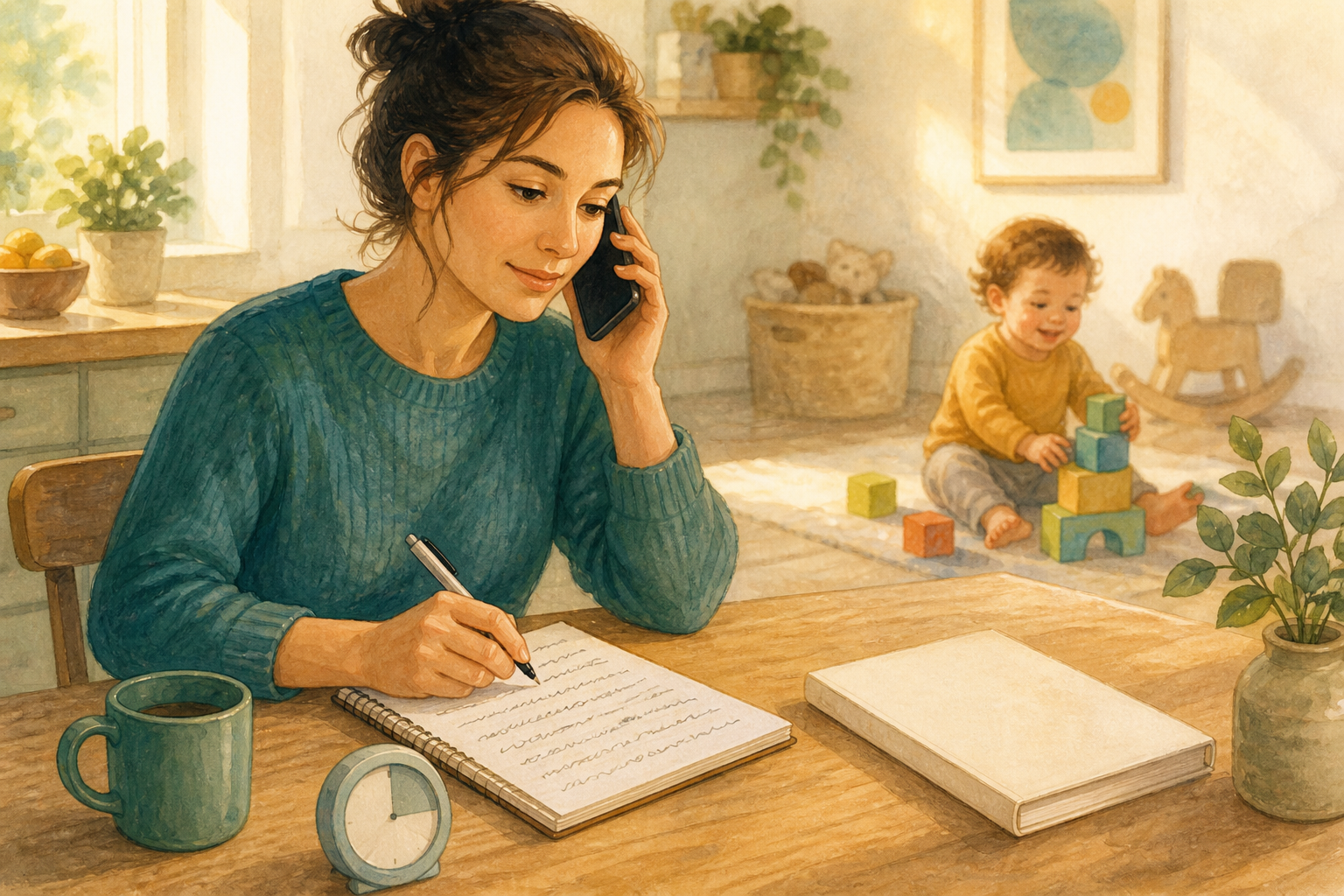 A caregiver records sleep-episode details in a notebook while speaking on the phone as a toddler plays nearby.