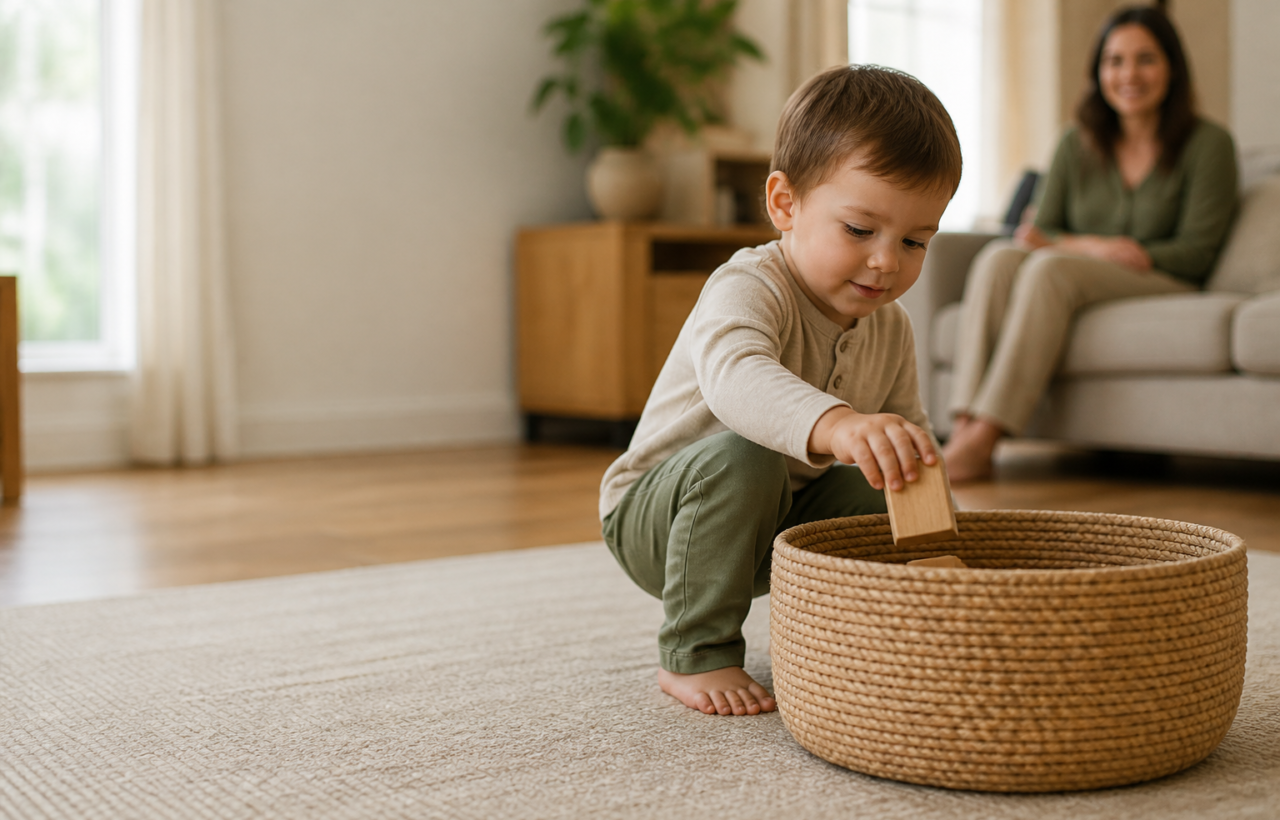 A toddler places the final wooden block into a low basket while a parent watches from the background.