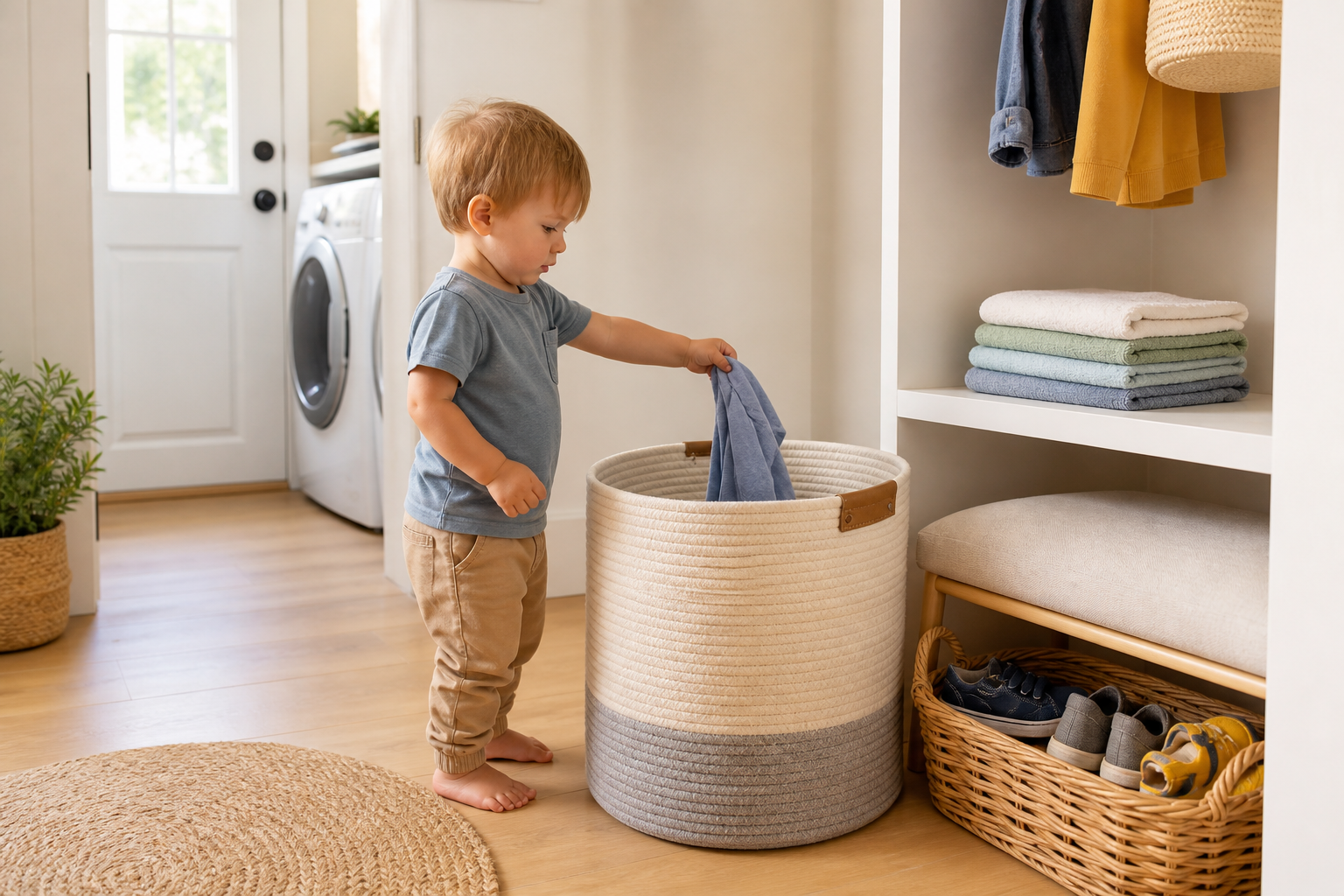 A toddler drops a piece of clothing into a wide hamper beside low, child-accessible storage.