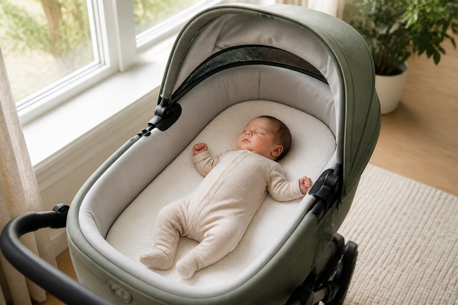 A newborn sleeps flat in a deep padded pushchair carrycot with high sides and an extended canopy.